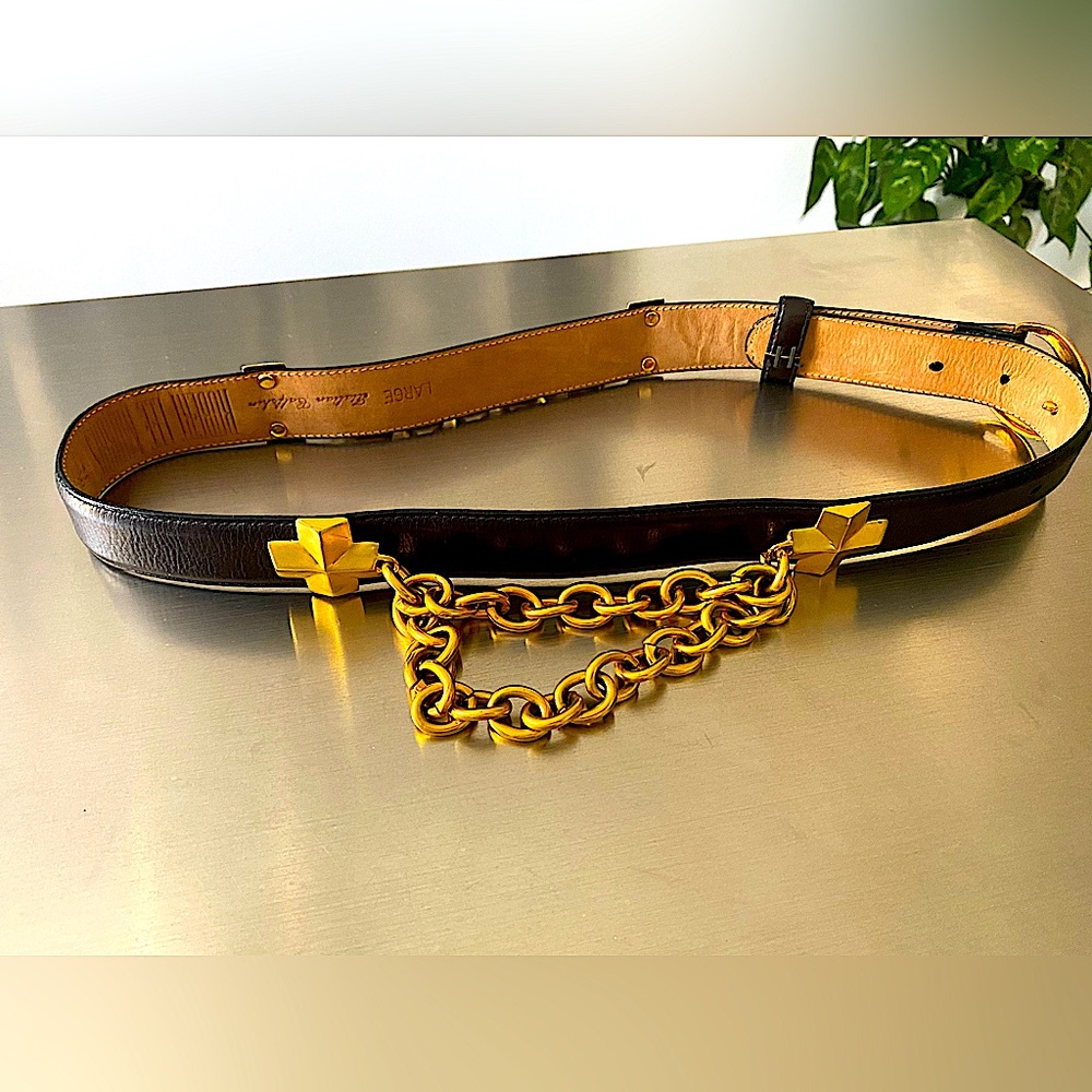 ROBERT LEE MORRIS LEATHER BELT, VINTAGE, 36” LONG WITH GOLDEN CHAINS SIZE LARGE